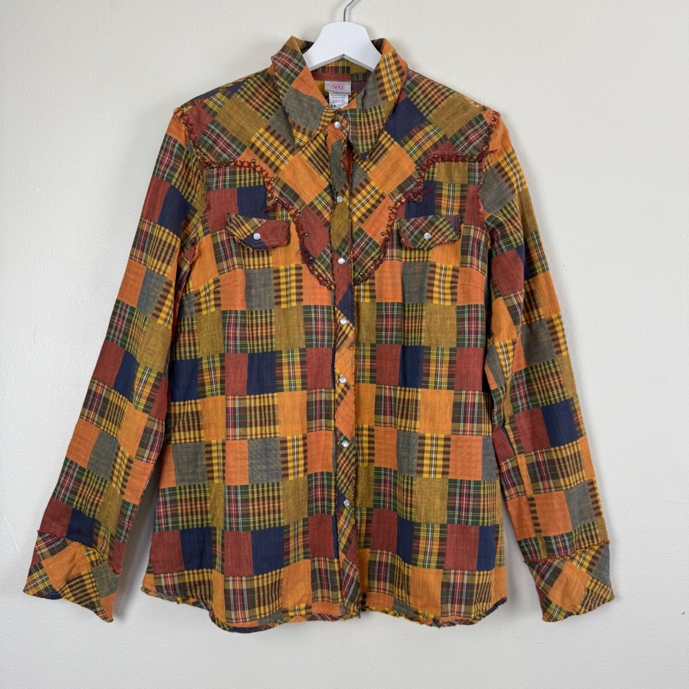 Womens Boho Patchwork Plaid Western‎ Snap Shirt Whipstitch Size L Cowgirl Grunge